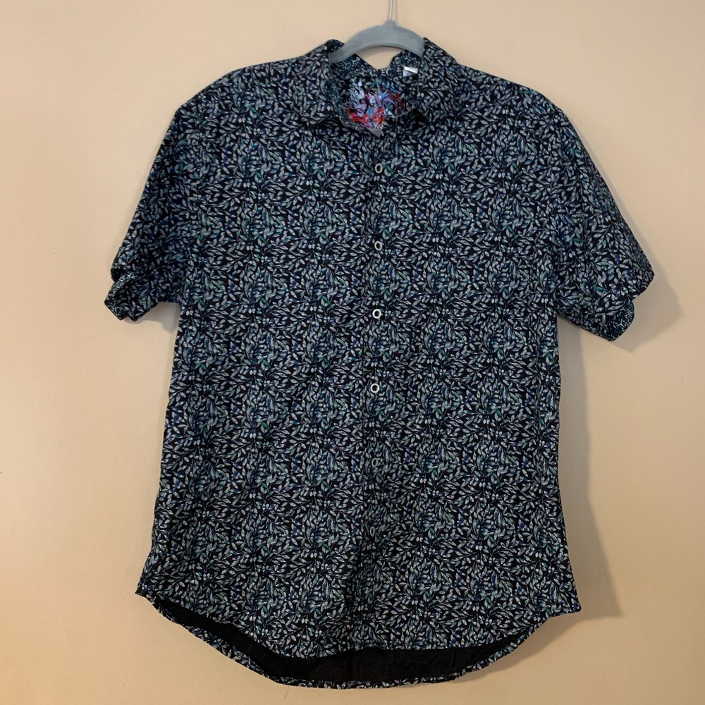 Robert Graham Navy Blue Short Sleeve Button-Down Shirt with Teal Leaf Print